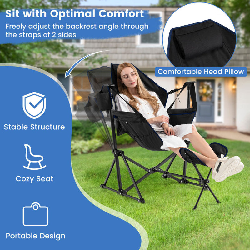 Professional title: "Portable Hammock Camping Chair with Retractable Footrest and Carrying Bag in Navy Color"