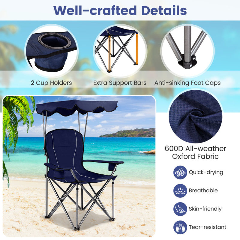 Professional title: ```Blue Portable Folding Beach Chair with Canopy and Cup Holders```