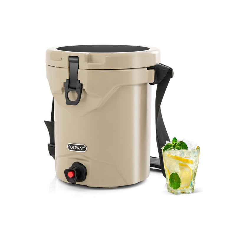 Professional title: "10 Quart Insulated Ice Chest Drink Cooler with Spigot, Flat Seat Lid, and Adjustable Strap in Beige"