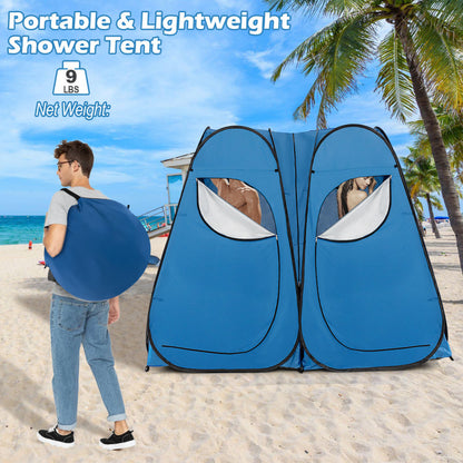 Professional title: ```Large Portable Shower Tent with Window, Floor, and Storage Pocket in Blue```