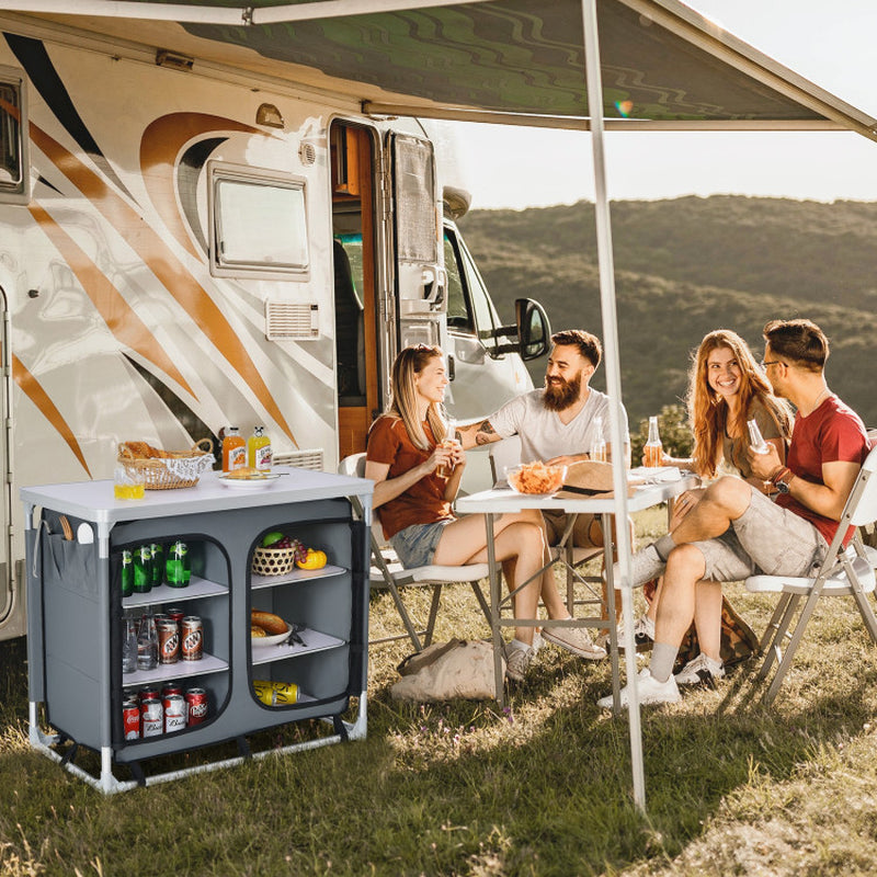 Professional title: ```Gray Portable Camping Kitchen Table with Integrated Storage Shelves```