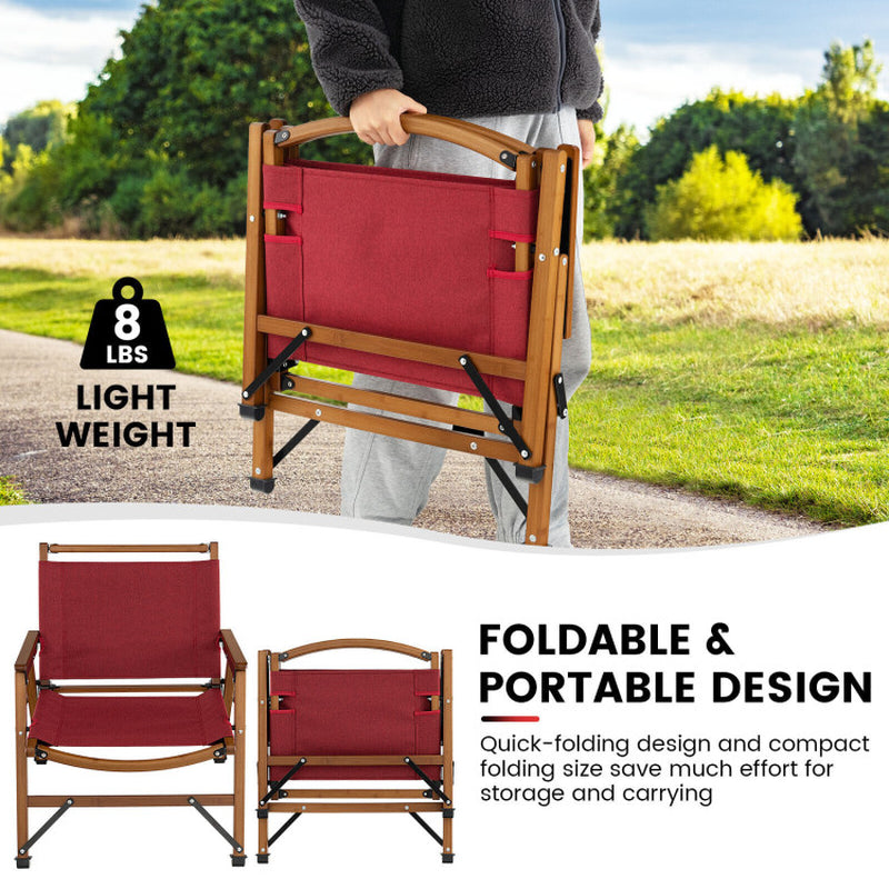 Professional title: 
```Red Patio Folding Chair with Sturdy Bamboo Frame for Camping and Beach Use```