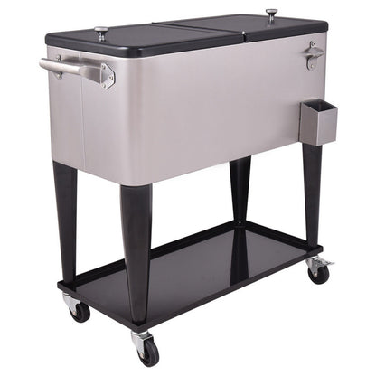 Professional title: "80 Quart Stainless Steel Rolling Patio Beverage Cooler"