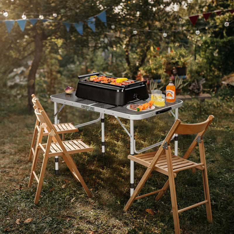 Professional title: "Silver Aluminum Grill Table with Iron Mesh Top"