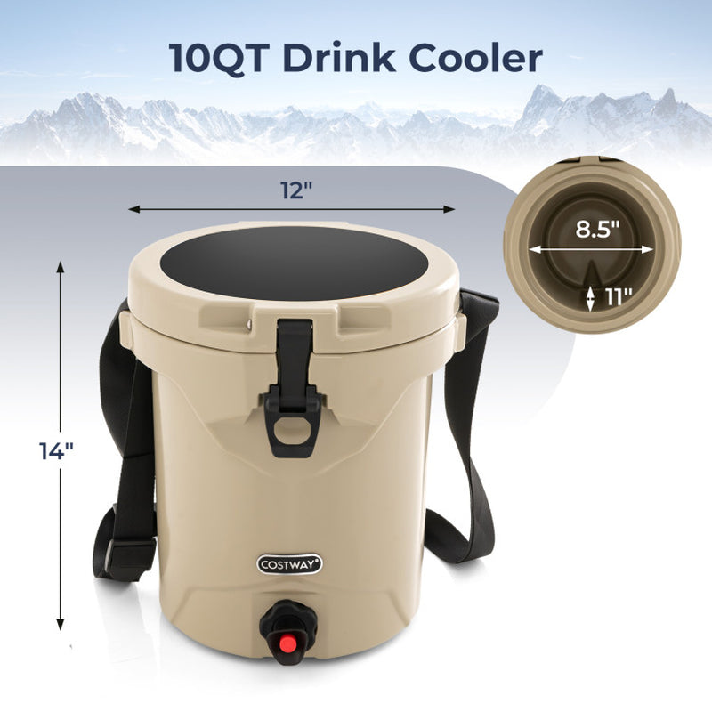 Professional title: "10 Quart Insulated Ice Chest Drink Cooler with Spigot, Flat Seat Lid, and Adjustable Strap in Beige"