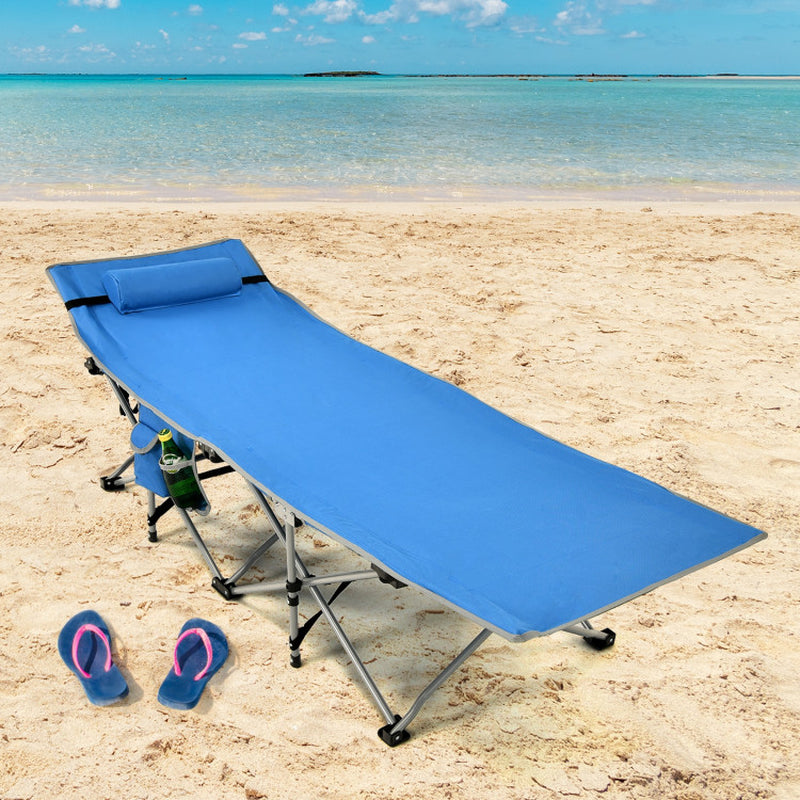 Professional title: ```Green Folding Camping Cot with Side Storage Pocket and Detachable Headrest```