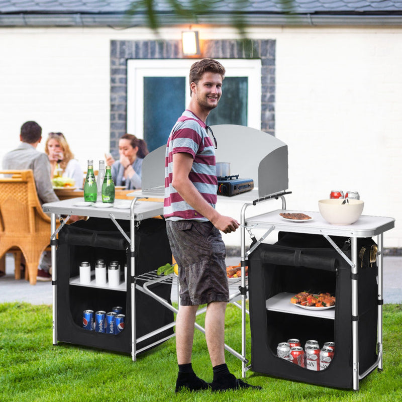 Professional title: ```Gray Folding Camping Table with Integrated Storage Organizer```