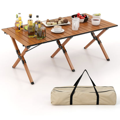 Professional title: "Portable Aluminum Camping Table with Wood Grain Finish"