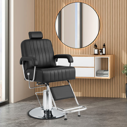 Professional title: "Black Salon Hydraulic Barber Chair with 360-Degree Swivel, Adjustable Headrest, and Reclining Backrest"