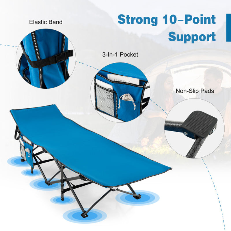 Professional title: "Portable Folding Camping Cot in Blue with Carry Bag"