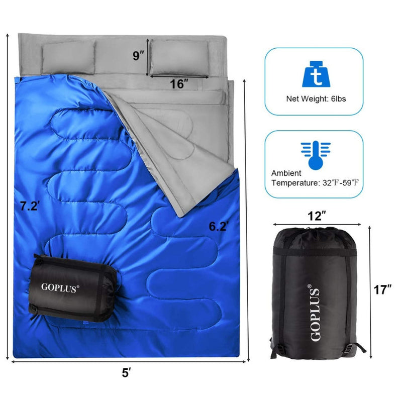 Professional title: "Two-Person Waterproof Sleeping Bag Set with Two Pillows in Blue"