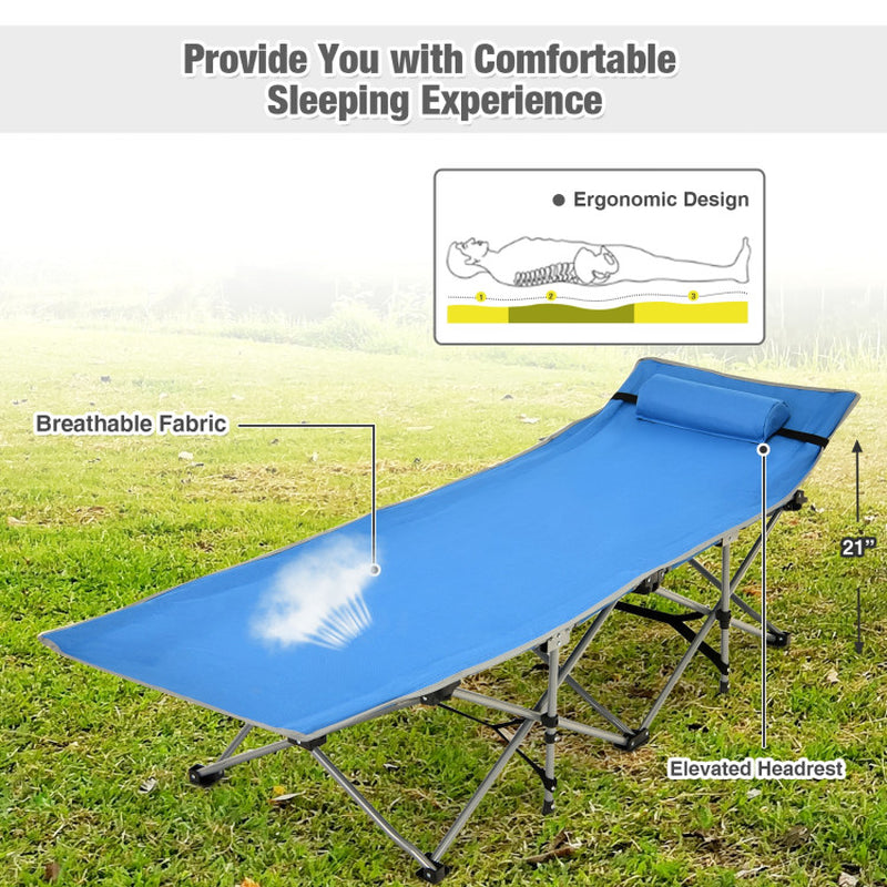 Professional title: ```Green Folding Camping Cot with Side Storage Pocket and Detachable Headrest```