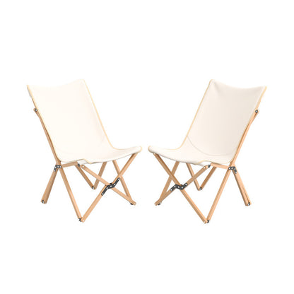 Professional title: "Pair of Bamboo Folding Chairs with Storage Pocket - Ideal for Camping and Fishing in Beige"