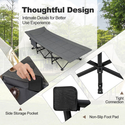 Professional title: "Portable Camping Cot with Carry Bag, Cushion, and Headrest in Gray"