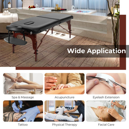 Height-Adjustable Folding Massage Table with Beech Wood Frame in Black Color