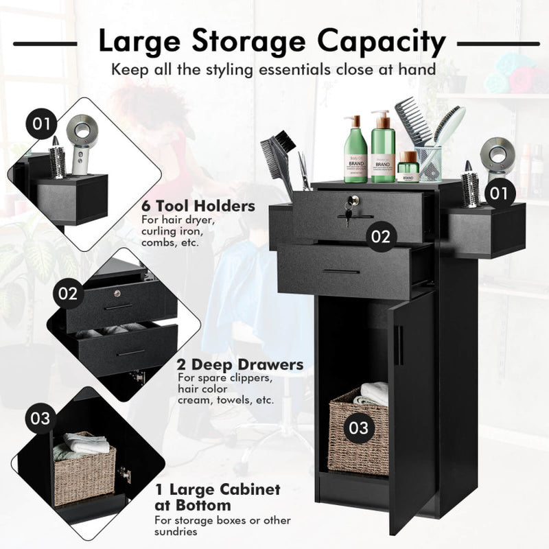 Black Salon Station Storage Cabinet with Six Hair Dryer Holders for Hair Stylists