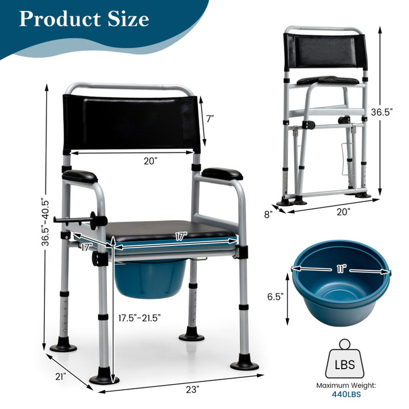 Multifunctional Folding Bedside Commode Chair with Removable Bucket and Towel Holder