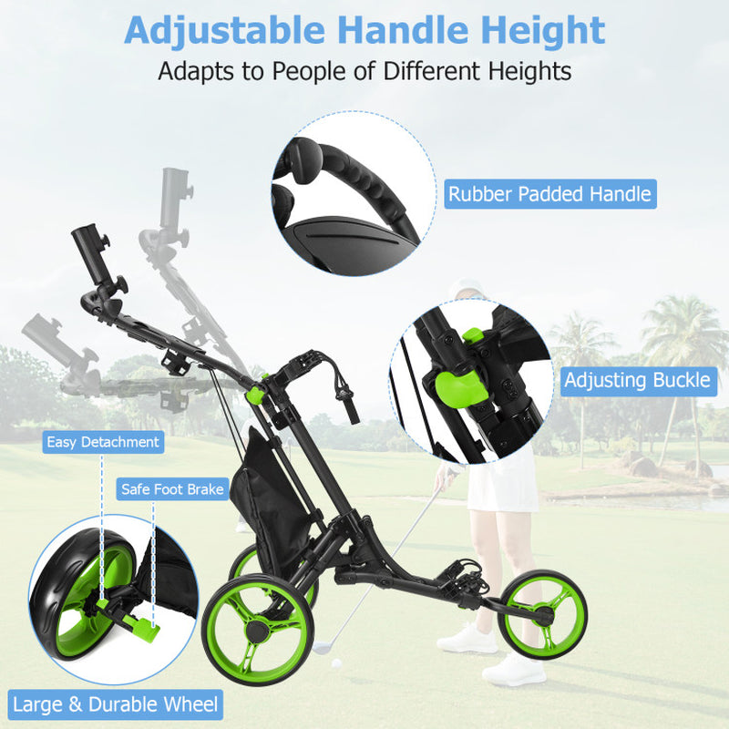 Folding 3 Wheels Golf Push Cart with Bag Scoreboard Adjustable Handle-Gray