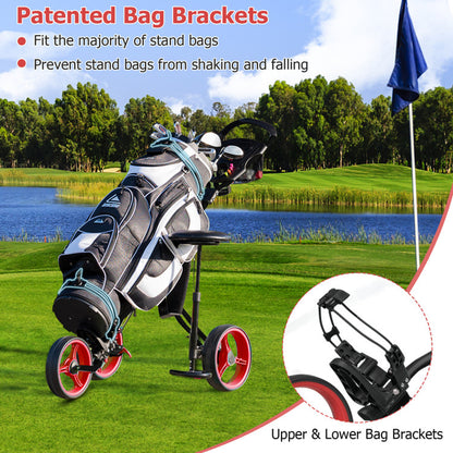 Foldable 3 Wheels Push Pull Golf Trolley with Scoreboard Bag-Navy