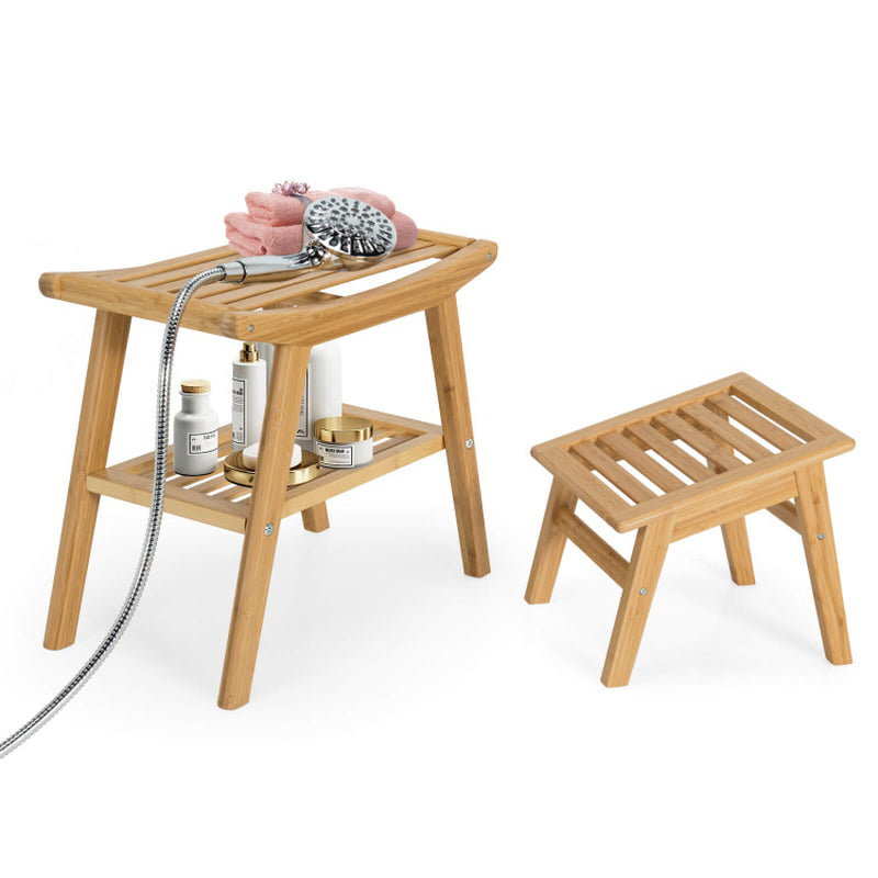 Natural Bamboo Shower Seat Bench with Underneath Storage Shelf