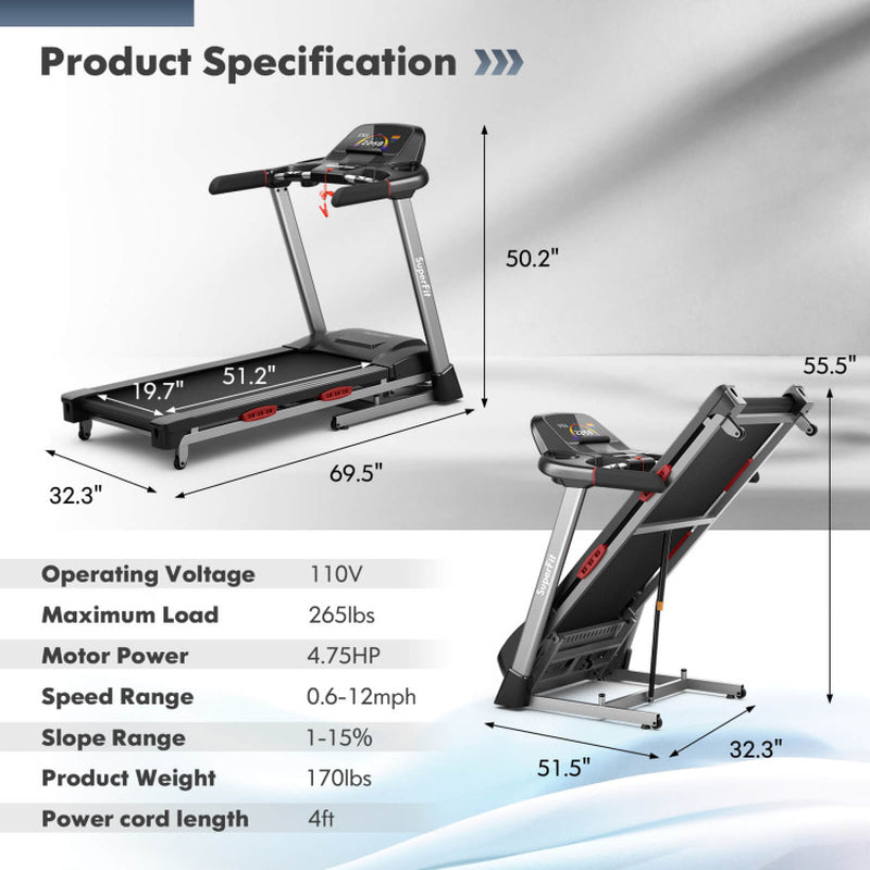 4.75 HP Folding Treadmill with Auto Incline and 20 Preset Programs-Black