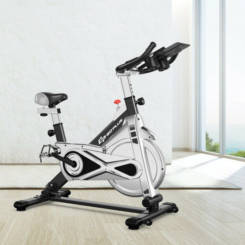 Stationary Silent Belt Adjustable Exercise Bike with Phone Holder and Electronic Display-Black