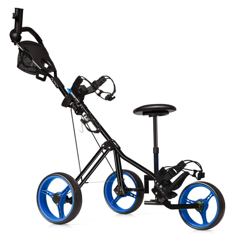 Foldable 3 Wheels Push Pull Golf Trolley with Scoreboard Bag-Navy