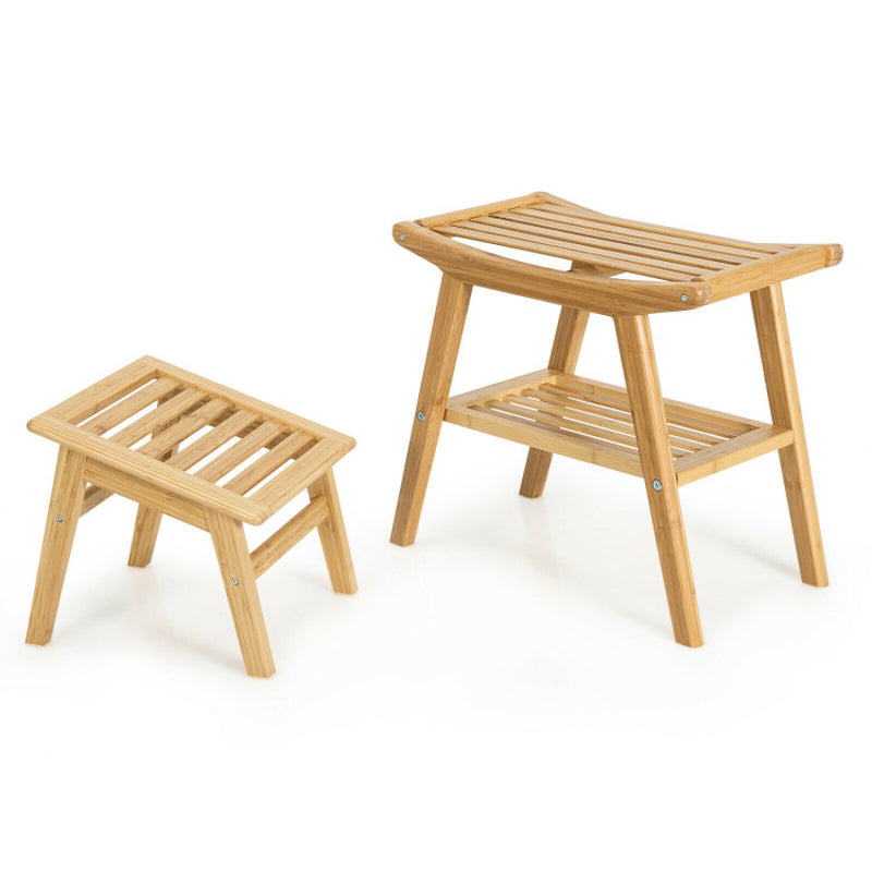 Natural Bamboo Shower Seat Bench with Underneath Storage Shelf