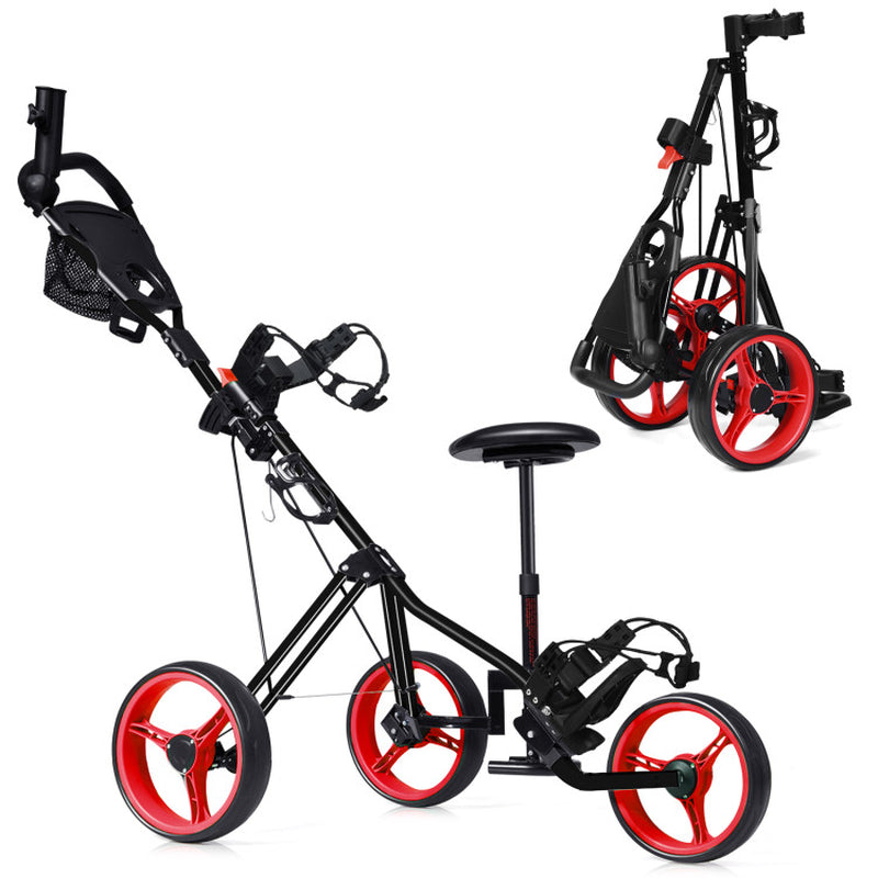 Foldable 3 Wheels Push Pull Golf Trolley with Scoreboard Bag-Navy