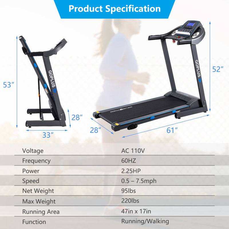 2.25 HP Folding Electric Motorized Power Treadmill with Blue Backlit LCD Display