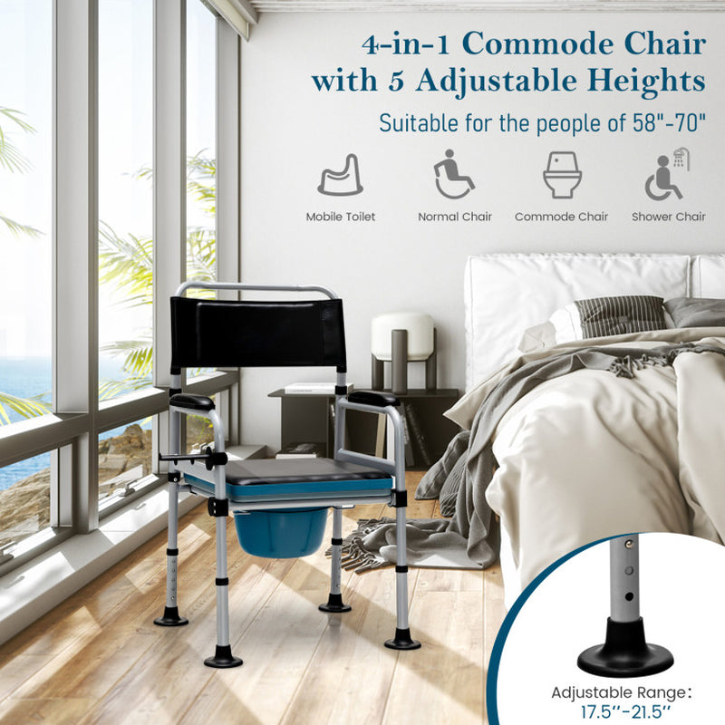 Multifunctional Folding Bedside Commode Chair with Removable Bucket and Towel Holder