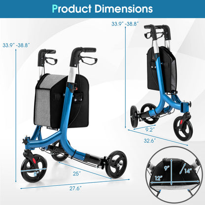 Blue 3-Wheel Rolling Walker with Adjustable Handle