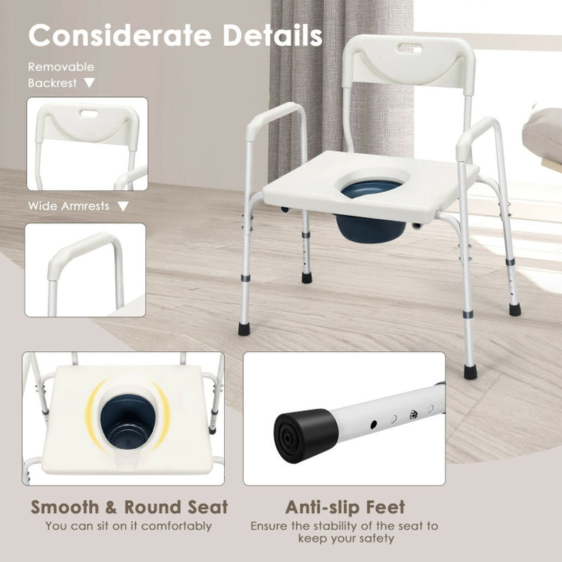 Adjustable Height 3-In-1 Bedside Commode Portable Toilet