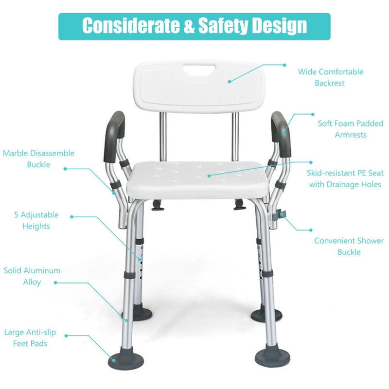 Spa Bathtub Shower Chair with Detachable Armrests and Back Support