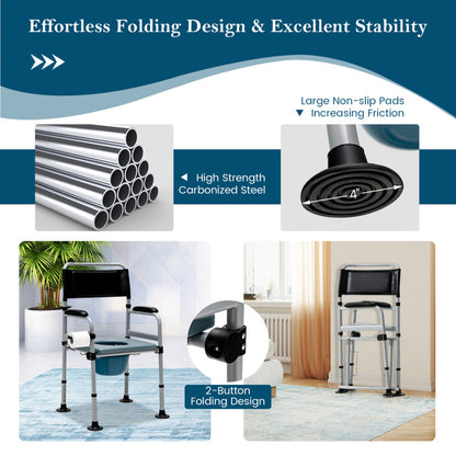 Multifunctional Folding Bedside Commode Chair with Removable Bucket and Towel Holder