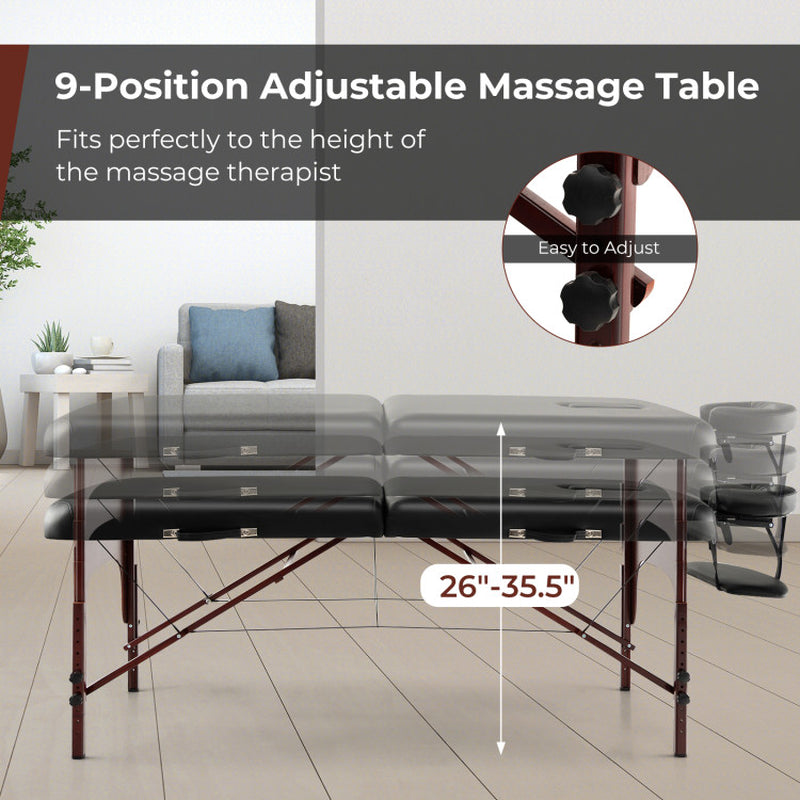 Height-Adjustable Folding Massage Table with Beech Wood Frame in Black Color