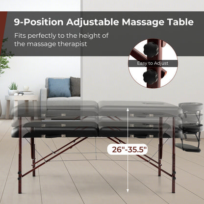 Height-Adjustable Folding Massage Table with Beech Wood Frame in Black Color