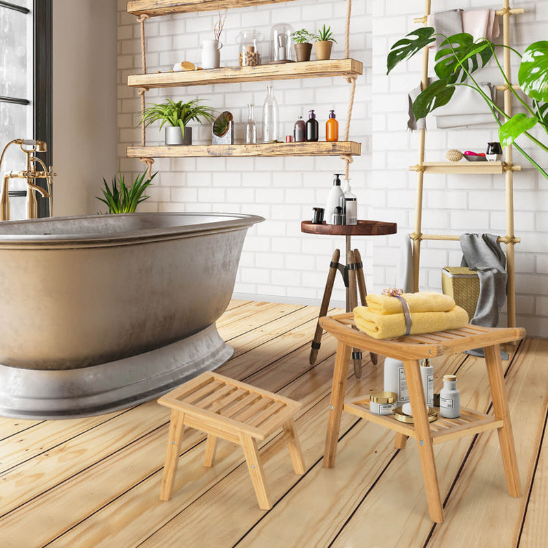 Natural Bamboo Shower Seat Bench with Underneath Storage Shelf